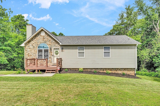 5955 Jubal Early Hwy, Hardy, VA 24101 - view of front of home with a deck, a front yard, a chimney, stone siding, and a shingled roof