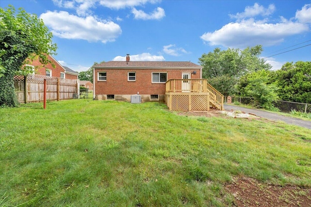 1709 Coveland Dr NW, Roanoke, VA 24017 - rear view of property with a fenced backyard, a chimney, brick siding, and a wooden deck