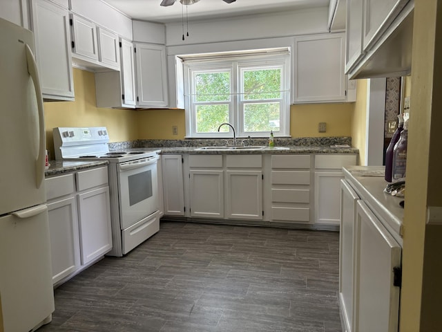 713 Rose Ave, Covington, VA 24426 - kitchen featuring white appliances, white cabinetry, a ceiling fan, and dark wood finished floors