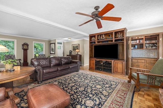 420 Cresthill Rd, Lynchburg, VA 24504 - living room with a ceiling fan, crown molding, and a textured ceiling