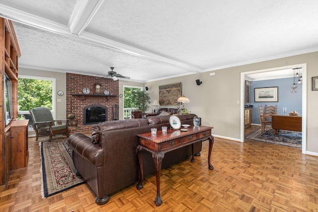 420 Cresthill Rd, Lynchburg, VA 24504 - living area featuring a ceiling fan, a brick fireplace, a textured ceiling, and crown molding