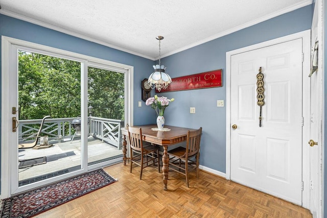 420 Cresthill Rd, Lynchburg, VA 24504 - dining area with a textured ceiling, crown molding, and a chandelier