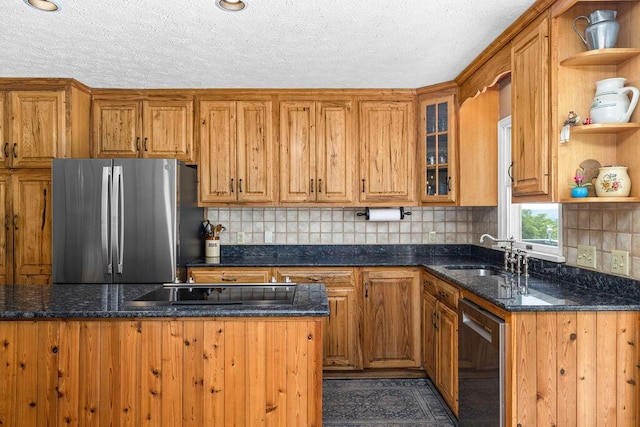 420 Cresthill Rd, Lynchburg, VA 24504 - kitchen with appliances with stainless steel finishes, open shelves, brown cabinets, and a textured ceiling