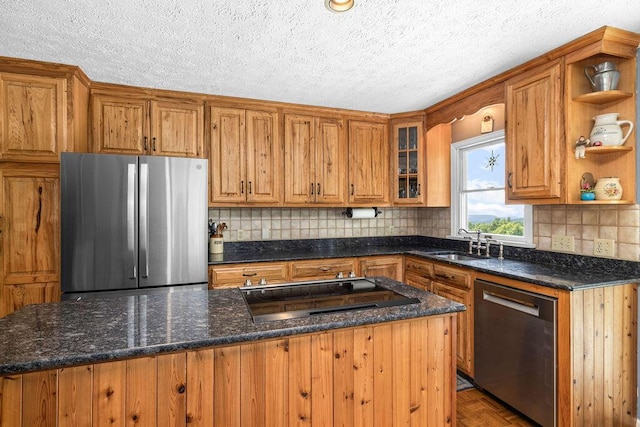 420 Cresthill Rd, Lynchburg, VA 24504 - kitchen with stainless steel appliances, brown cabinets, a kitchen island, open shelves, and a textured ceiling