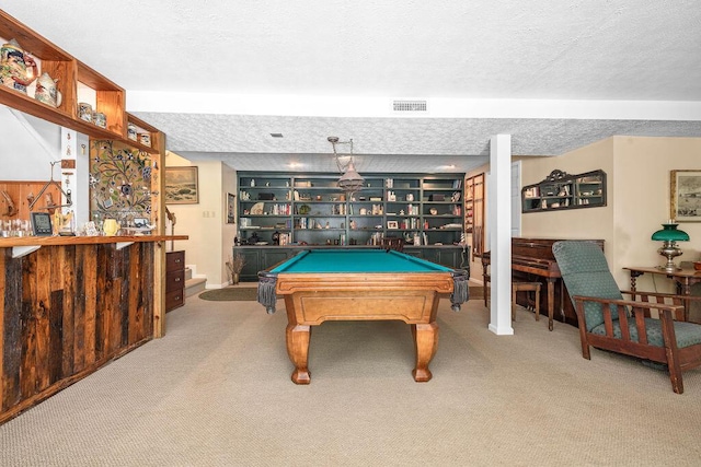 420 Cresthill Rd, Lynchburg, VA 24504 - recreation room featuring a textured ceiling, carpet flooring, billiards, and built in features