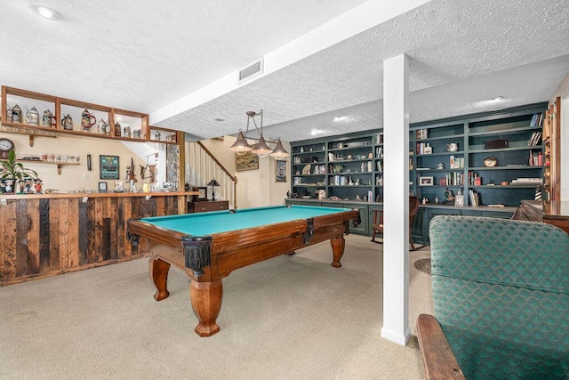 420 Cresthill Rd, Lynchburg, VA 24504 - playroom featuring a textured ceiling, carpet flooring, bar, pool table, and built in shelves