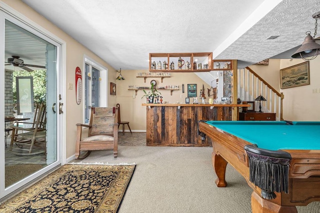 420 Cresthill Rd, Lynchburg, VA 24504 - rec room featuring carpet, a dry bar, a textured ceiling, a ceiling fan, and billiards table