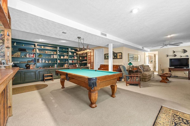 420 Cresthill Rd, Lynchburg, VA 24504 - rec room featuring a textured ceiling, carpet flooring, billiards, a ceiling fan, and built in features