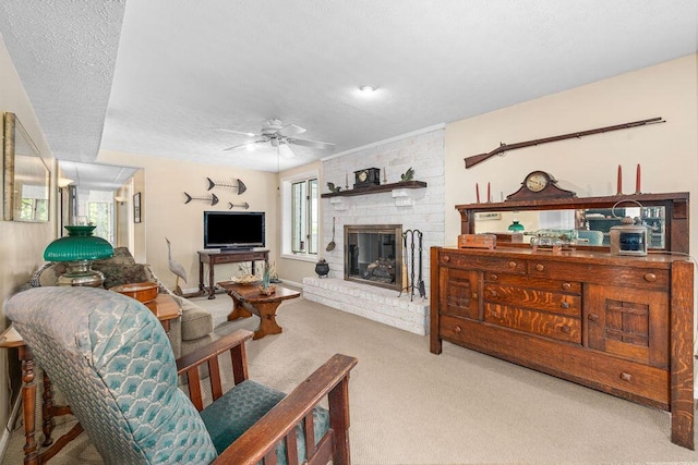 420 Cresthill Rd, Lynchburg, VA 24504 - living room featuring carpet, ceiling fan, plenty of natural light, a fireplace, and a textured ceiling