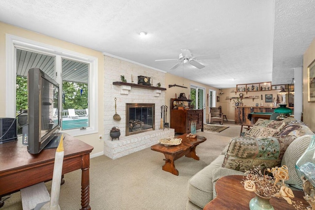 420 Cresthill Rd, Lynchburg, VA 24504 - carpeted living area featuring a textured ceiling, billiards table, a brick fireplace, and ceiling fan