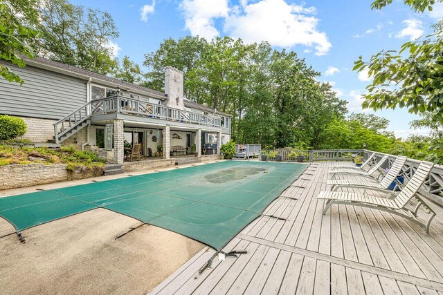 420 Cresthill Rd, Lynchburg, VA 24504 - view of swimming pool with a wooden deck, a covered pool, stairs, and a patio area