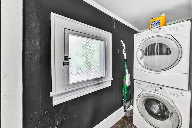 1521 Church Ave SE, Roanoke, VA 24013 - laundry room with stacked washing machine and dryer and ornamental molding