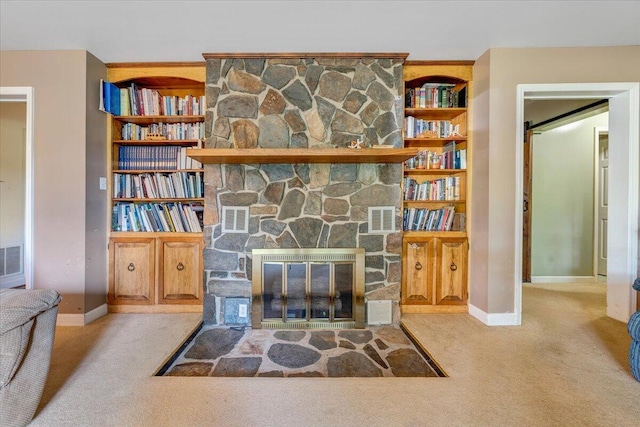 404 Robin Ridge Rd, Rocky Mount, VA 24151 - living room featuring carpet flooring, a fireplace, and built in features