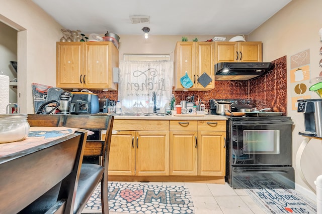 1406 Melrose Ave NW, Roanoke, VA 24017 - kitchen featuring range hood, black range with electric stovetop, tasteful backsplash, light countertops, and light tile patterned flooring