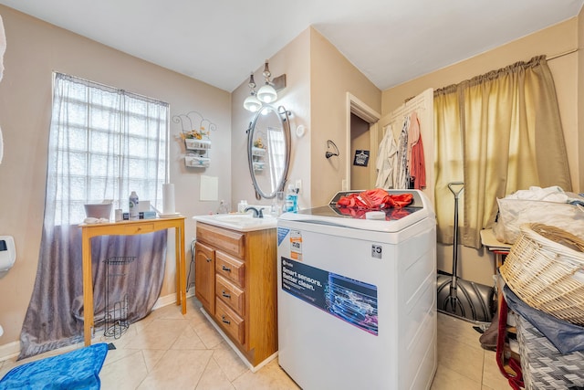 1406 Melrose Ave NW, Roanoke, VA 24017 - bathroom with washer / clothes dryer, tile patterned floors, and vanity