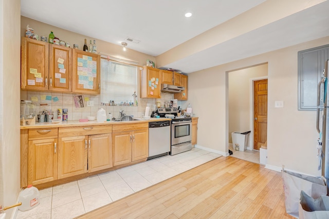 1406 Melrose Ave NW, Roanoke, VA 24017 - kitchen featuring stainless steel appliances, under cabinet range hood, backsplash, light wood finished floors, and light countertops