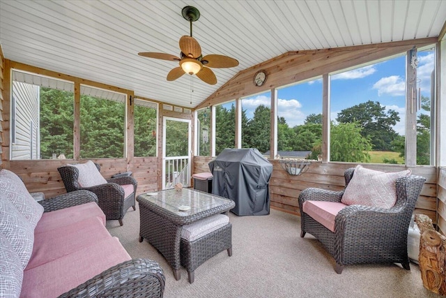 17 Dudley Creek Rd, Hardy, VA 24101 - sunroom with vaulted ceiling, plenty of natural light, a ceiling fan, and outdoor lounge area