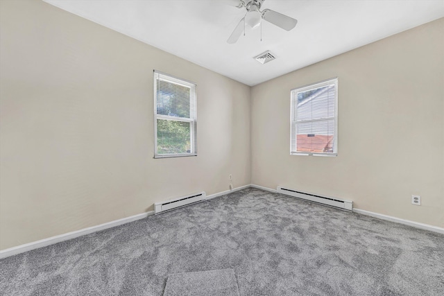 112 Harrison Ave NW, Roanoke, VA 24016 - spare room with a baseboard radiator, a baseboard heating unit, carpet floors, and a ceiling fan