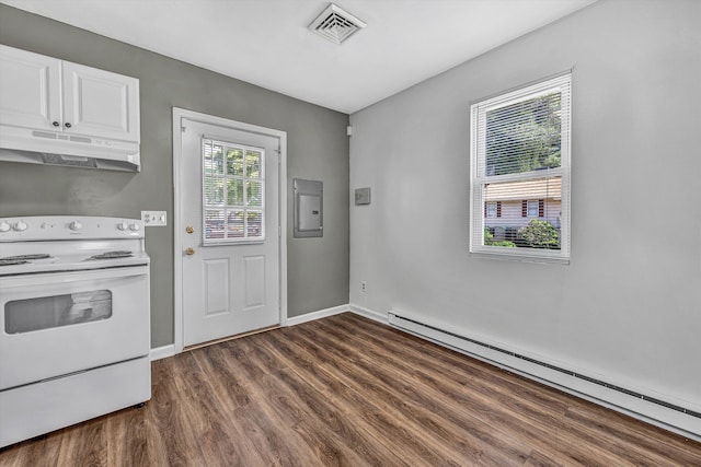 112 Harrison Ave NW, Roanoke, VA 24016 - kitchen featuring white electric stove, a baseboard radiator, under cabinet range hood, dark wood finished floors, and white cabinets
