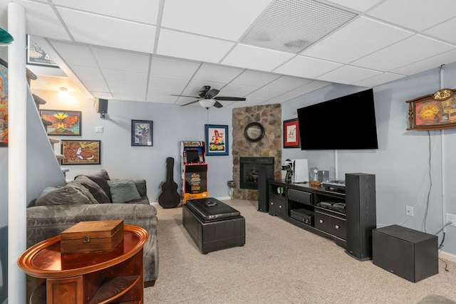 4575 Nelms Ln NE, Roanoke, VA 24019 - living room with carpet, a ceiling fan, and a paneled ceiling