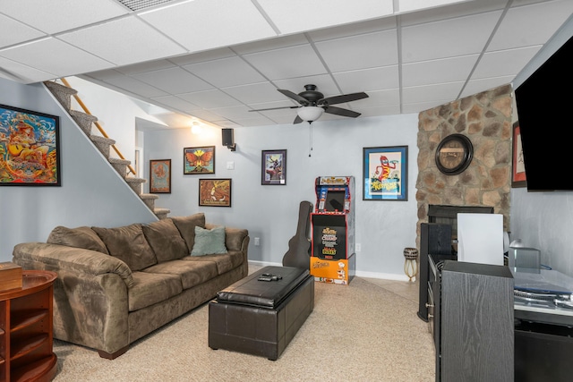 4575 Nelms Ln NE, Roanoke, VA 24019 - living area with a drop ceiling, ceiling fan, and stairs