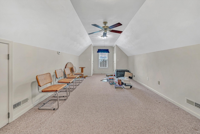 1941 Springmill Rd, Salem, VA 24153 - living area featuring carpet flooring, vaulted ceiling, and a ceiling fan