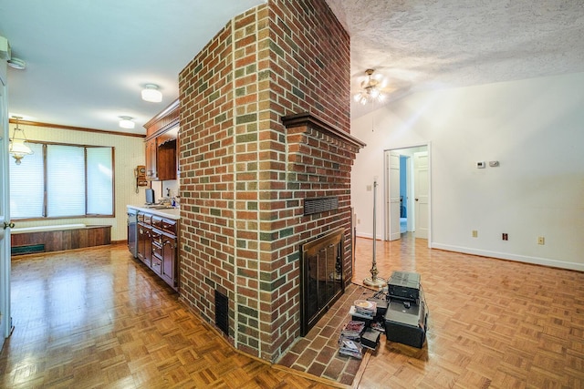 75 Eleanor Ln, Blue Ridge, VA 24064 - unfurnished living room featuring a brick fireplace, a textured ceiling, and ceiling fan