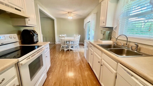 240 N Broadview Ct, Columbia, MO 65201 - kitchen with white appliances, under cabinet range hood, white cabinets, light wood-style flooring, and plenty of natural light