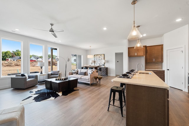 living room featuring light hardwood / wood-style floors, ceiling fan, and sink