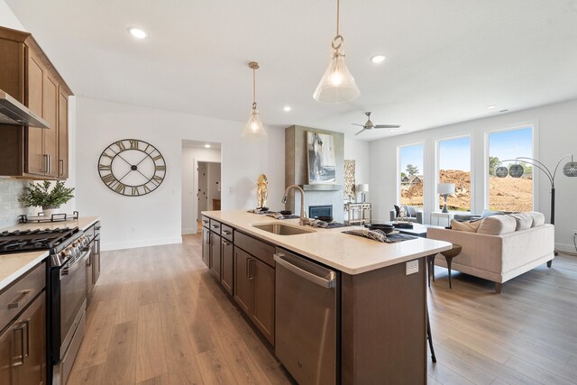 kitchen with ceiling fan, appliances with stainless steel finishes, hanging light fixtures, light wood-type flooring, and sink