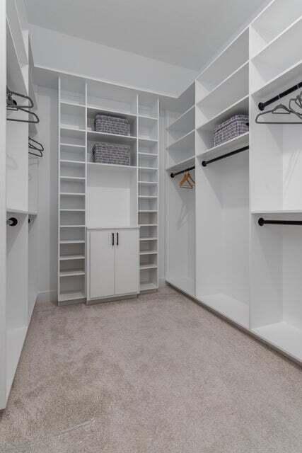 walk in closet with light colored carpet