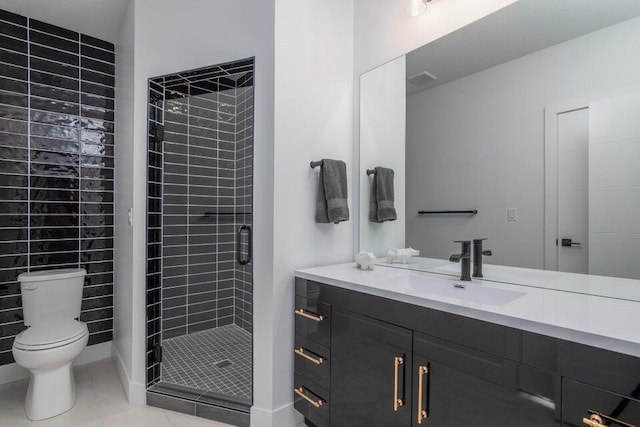 bathroom with toilet, a shower with door, tile flooring, and vanity