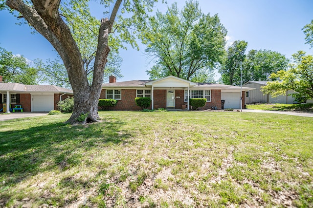 ranch-style house with a garage, driveway, brick siding, and a chimney