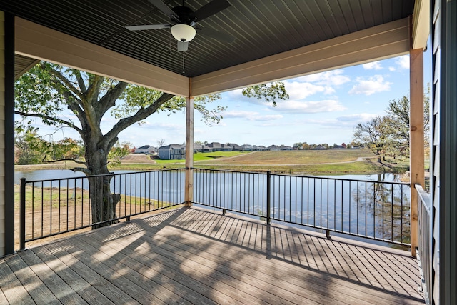 wooden terrace featuring ceiling fan and a water view