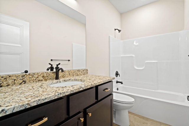 full bathroom featuring tub / shower combination, tile flooring, toilet, and vanity