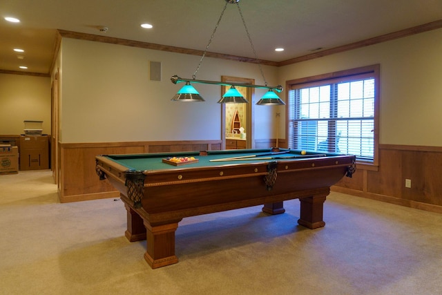 rec room featuring light colored carpet, ornamental molding, billiards, and wood walls