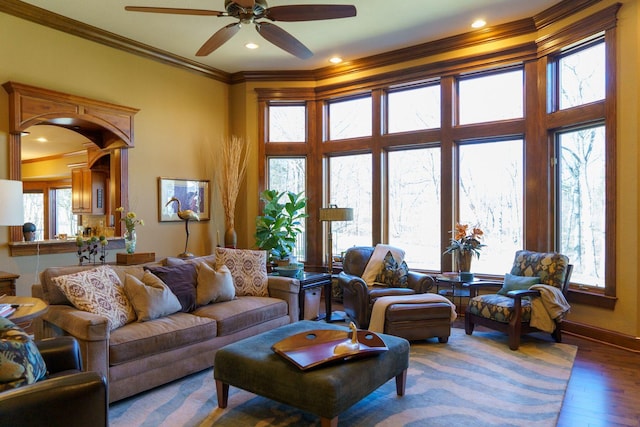 living room featuring plenty of natural light, wood-type flooring, and ceiling fan