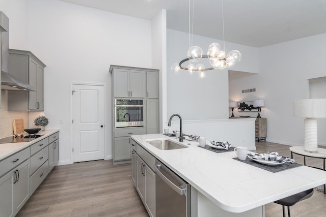 kitchen featuring a center island with sink, sink, hanging light fixtures, wall chimney exhaust hood, and stainless steel appliances