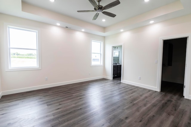 unfurnished room featuring dark hardwood / wood-style floors, a healthy amount of sunlight, and a raised ceiling