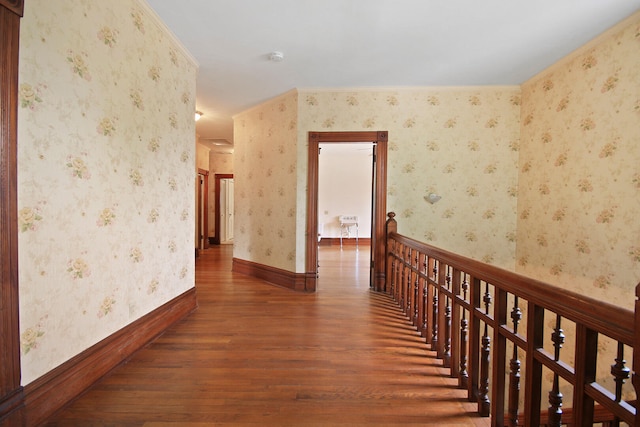 hallway featuring dark wood-type flooring and crown molding