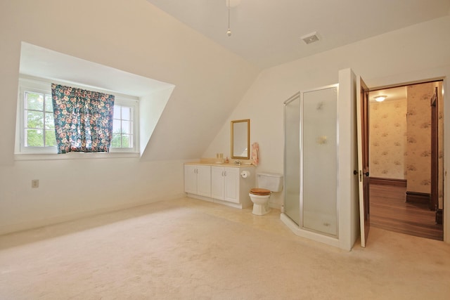 additional living space featuring light colored carpet, sink, and vaulted ceiling