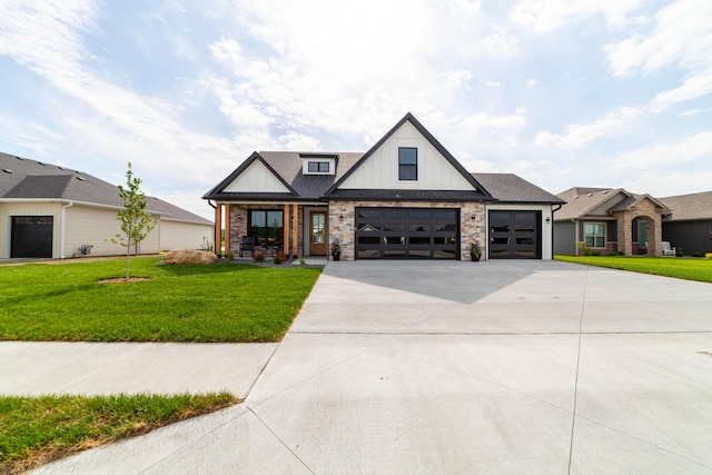 modern farmhouse with a garage and a front yard