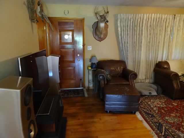 living room with dark hardwood / wood-style flooring