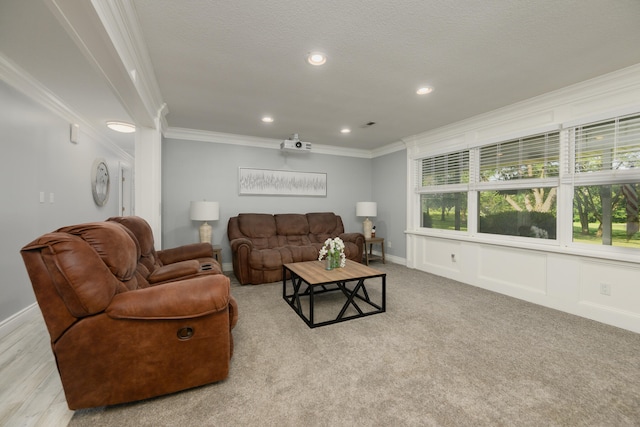 carpeted living room with crown molding