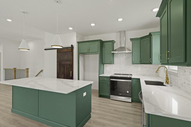 1704 Stillpoint Ct, Columbia, MO 65203 - kitchen featuring a sink, green cabinetry, wall chimney exhaust hood, and stainless steel electric range