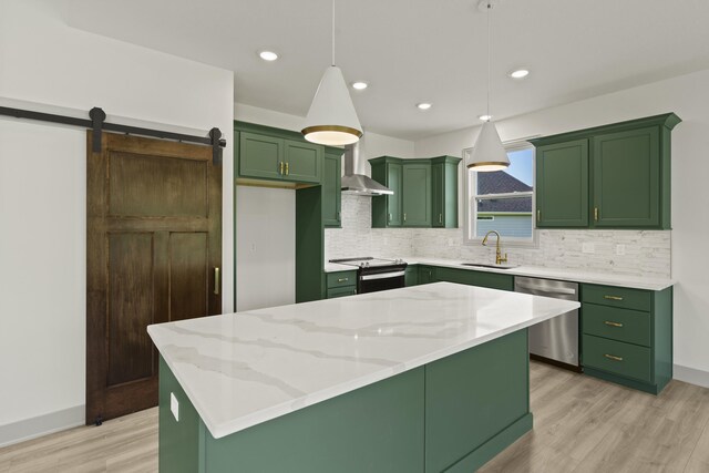 1704 Stillpoint Ct, Columbia, MO 65203 - kitchen featuring green cabinets, tasteful backsplash, a sink, light wood-style floors, and dishwasher