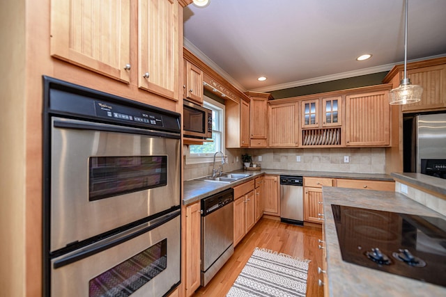 kitchen with pendant lighting, appliances with stainless steel finishes, tasteful backsplash, sink, and light hardwood / wood-style flooring