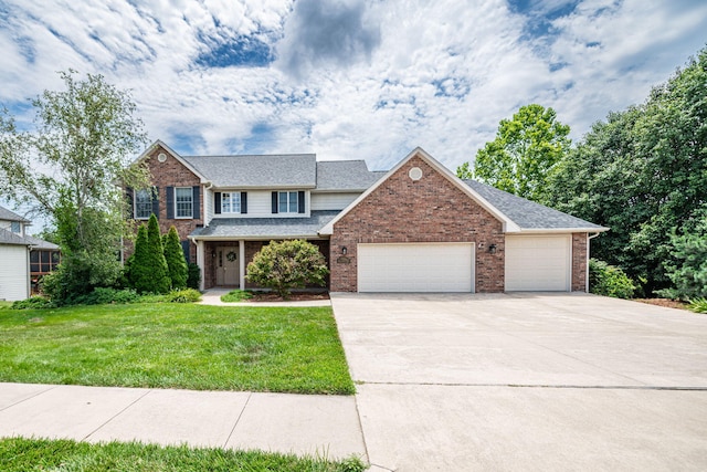 view of front of property featuring a garage and a front lawn