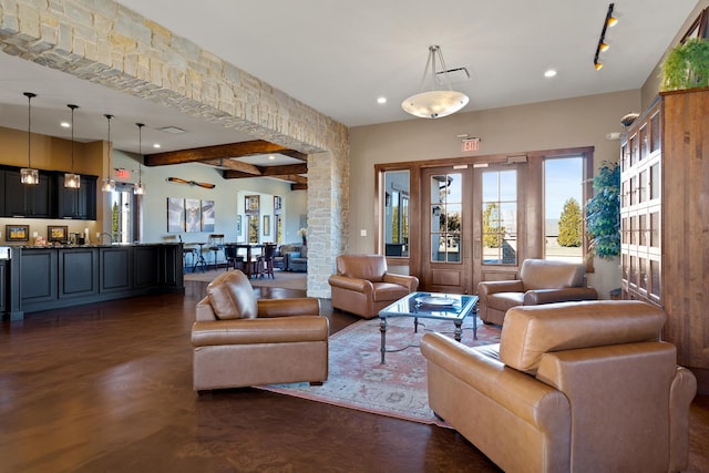 1703 Linkside Dr, Columbia, MO 65201 - living room with wet bar, beamed ceiling, and recessed lighting