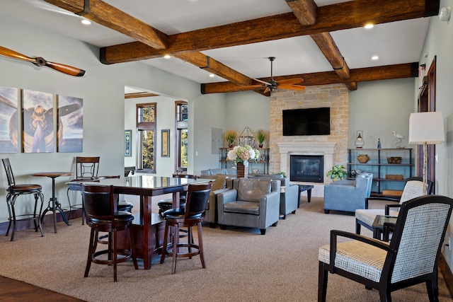 1703 Linkside Dr, Columbia, MO 65201 - dining room featuring beam ceiling, ceiling fan, recessed lighting, a fireplace, and coffered ceiling